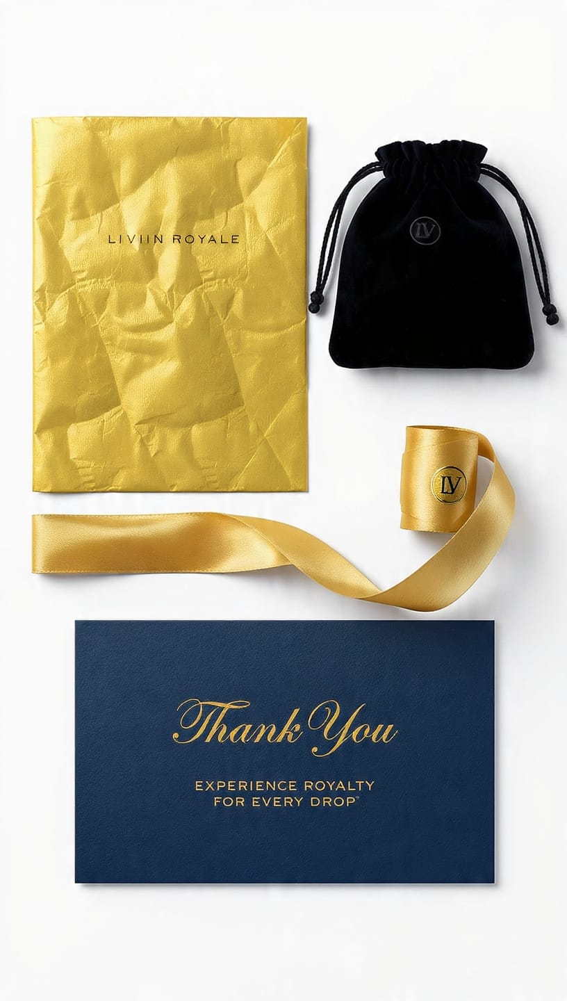 The Livin' experience — gold wrapping, velvet pouch, and thank-you card